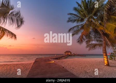 Incredibile panorama al tramonto alle Maldive. Ville resort di lusso con foglie di palma sotto il cielo colorato. Un bellissimo cielo romantico e nuvole colorate Foto Stock