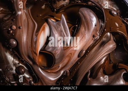 I vortici di cioccolato e caramello si mescolano elegantemente con riflessi e bollicine scintillanti, creando un lussuoso e cremoso astratto Foto Stock