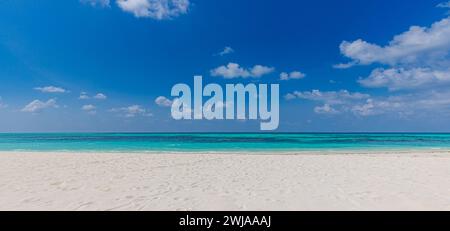 Primo piano di sabbia sul cielo estivo blu della spiaggia. Panorama sulla spiaggia. Spiaggia tropicale vuota e vista mare. Soleggiato e felice skyline con vista naturale Foto Stock