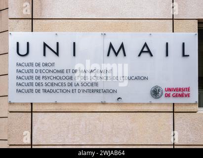 Ginevra, Svizzera - 3 febbraio 2024: UNI mail è dedicata alle scienze sociali. Ospita le Facoltà di giurisprudenza, economia e Management, Psicologia e Foto Stock