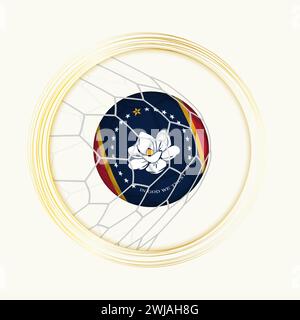 Gol del Mississippi, simbolo astratto del calcio con illustrazione della palla del Mississippi in rete da calcio. Illustrazione dello sport vettoriale. Illustrazione Vettoriale