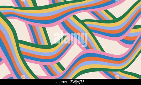 Curve colori arcobaleno motivo a strisce. Sfondo psichedelico trippy in stile hippie anni '60-'70. Design astratto dai colori retrò. Illustrazione vettoriale funky Illustrazione Vettoriale