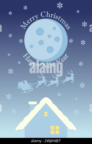 Buon Natale sullo sfondo con Babbo Natale che vola sul cielo in slitta con renne di notte con luna piena, neve e casa. Illustrazione verticale. Illustrazione Vettoriale