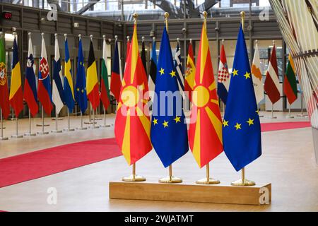 Bruxelles, Belgio. 14 febbraio 2024. Bandiera dell'unione europea e bandiera della Macedonia nell'edificio del consiglio dell'UE Bruxelles, Belgio, il 14 febbraio 2024. Crediti: ALEXANDROS MICHAILIDIS/Alamy Live News Foto Stock