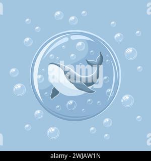 Balena blu grigia in una sfera di vetro con bolle intorno, illustrazione piatta vettoriale Illustrazione Vettoriale
