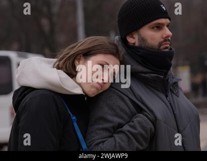 Kiev, Ucraina. 14 febbraio 2024. Un funerale di San Valentino a Kiev, Ucraina. Diana Savita Wagner, un medico di combattimento volontario tedesco noto con il segnale di chiamata ''SERPENTE'', morì in una missione nell'Ucraina orientale. (Credit Image: © Svet Jacqueline/ZUMA Press Wire) SOLO PER USO EDITORIALE! Non per USO commerciale! Foto Stock