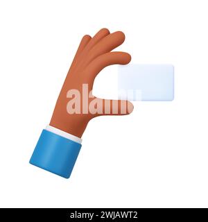 la mano 3d tiene fuori l'etichetta o l'etichetta di carta bianca. Un uomo d'affari che tiene un white paper. scheda di carta vuota con spazio per la copia. rendering 3d. Illustrazione vettoriale Illustrazione Vettoriale