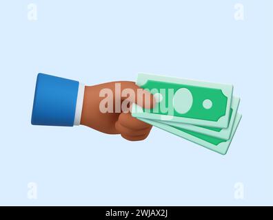 3d Cartoon Hand of Businessman contiene banconote. Concetto di operazione finanziaria con banconote e banconote. rendering 3d. Illustrazione vettoriale Illustrazione Vettoriale