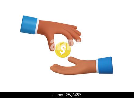 Le mani dei personaggi dei cartoni animati 3d danno e prendono la moneta d'oro. Pagamenti e acquisti, buoni affari, stipendio, beneficenza, corruzione, concetto regalo. 3d rende Illustrazione Vettoriale
