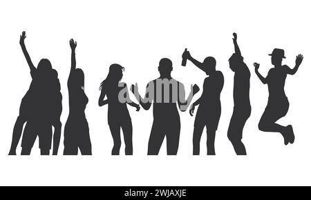 Sagome di persone felici che celebrano e ballano. Gente che festeggia e beve. Folla allegra e divertimento. Illustrazione Vettoriale