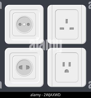 Raccolta delle icone bianche delle prese elettriche. Grafica di progettazione. Raccolta vettoriale. Icona della presa di alimentazione. Illustrazione Vettoriale