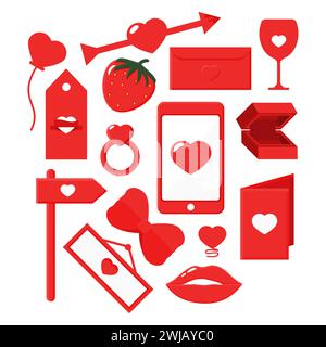 Collezione di elementi simbolo di San Valentino rosso per la decorazione. Include telefono cellulare, freccia, palloncino, busta, vetro, anello, nastro, fragola, labbra, cartello. Illustrazione Vettoriale