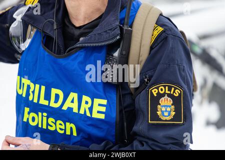 Polizia svedese, un agente di polizia svedese, un istruttore di polizia durante un esercizio di polizia. Foto Stock