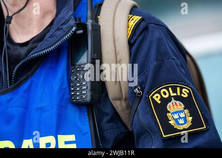 Polizia svedese, un agente di polizia svedese, un istruttore di polizia durante un esercizio di polizia. Foto Stock