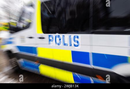 Polizia svedese, l'emblema fotografato su un'auto della polizia svedese. Foto Stock