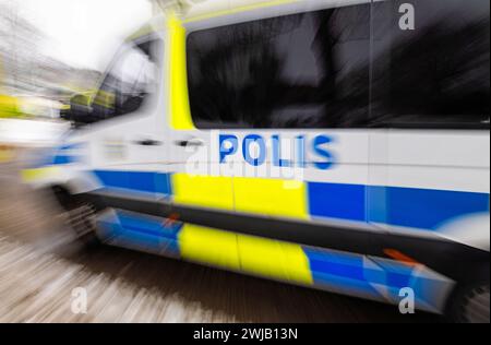 Polizia svedese, l'emblema fotografato su un'auto della polizia svedese. Foto Stock