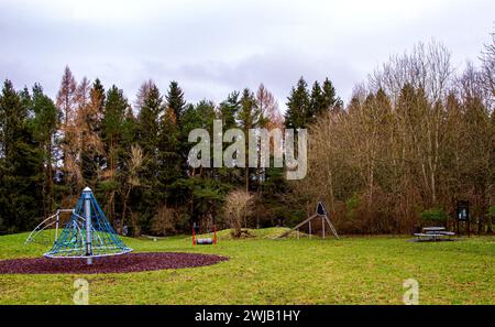 Dundee, Tayside, Scozia, Regno Unito. 14 febbraio 2024. Tempo nel Regno Unito: Giornata noiosa con docce a pioggia leggere al Clatto Country Park di Dundee. Il parco ha alberi di particolare forma e il bosco offre eccellenti passeggiate nella natura. L'Ancrum Outdoor Centre utilizza il serbatoio per gli sport acquatici, anche se a volte ci sono problemi con le alghe Blue Green. L'acqua ospita molte anatre e uccelli subacquei, con molti pesci che vivono in acque molto profonde. I servizi del Clatto includono un centro di sport acquatici, aree giochi per bambini, area picnic e barbecue. Crediti: Dundee Photographics/Alamy Live News Foto Stock