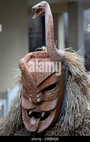 Lamego, Portogallo. 13 febbraio 2024. Careto posa per la foto durante il carnevale di Lazarim. I costumi di Carnevale prendono parte a Entrudo a Lazarim, una piccola cittadina del comune di Lamego, nel nord del Portogallo. È conosciuto per le sue maschere diaboliche e misteriose chiamate Caretos, fatte di legno, ed è considerato uno dei carnevali più tradizionali del Portogallo, il 13 febbraio 2024 a Lamego, in Portogallo. (Foto di Rita Franca/SOPA Images/Sipa USA) credito: SIPA USA/Alamy Live News Foto Stock