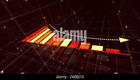 Immagine digitale dell'elaborazione dei dati statistici e della rete di connessioni su sfondo rosso Foto Stock