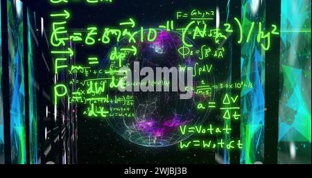 Immagine di formule matematiche ed elaborazione di dati scientifici su tutto il globo Foto Stock