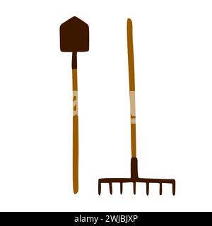 Icona strumenti per il giardinaggio Design grafico piatto. Illustrazione del rastrello piatto vettoriale e dell'escavatore isolata su bianco. Oggetti attrezzature agricole per scheda, logotipo Illustrazione Vettoriale