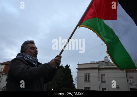 Praga, Repubblica Ceca. 14 febbraio 2024. Raduno contro l'offensiva israeliana a Gaza, messo in scena dal Club palestinese nella Repubblica Ceca insieme a Not in Our Name! A Praga, Repubblica Ceca, 14 febbraio 2024. Crediti: Michal Kamaryt/CTK Photo/Alamy Live News Foto Stock
