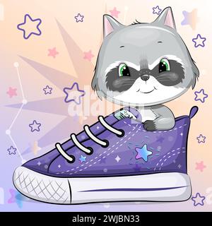 Un simpatico procione cartoni animati con una sneaker. Illustrazione vettoriale di un animale su uno sfondo colorato con stelle. Illustrazione Vettoriale