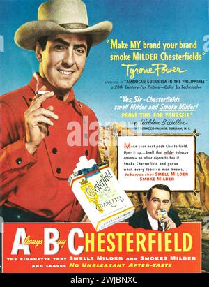 1950 sigarette Chesterfield ad con Tyrone Power. ABC sempre di Chesterfield. La sigaretta che puzza più mite e fuma più mite." Foto Stock