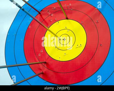 Molte frecce colpiscono il bersaglio del tiro con l'arco, occhio di bue. Foto Stock