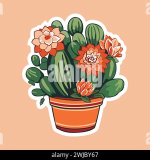 Cactus Bloom. Illustrazione grafica vettoriale di Cactus con fiori in vaso, che celebra la bellezza e la crescita del deserto. Illustrazione Vettoriale