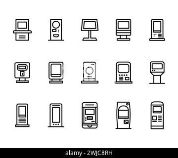Icona della linea nera vettoriale Imposta terminale chiosco. Pittogramma interattivo della macchina per il pagamento digitale. Schermo del computer per l'ordine e il simbolo aziendale. Aeroporto Illustrazione Vettoriale