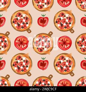 Pizza senza cuciture con pomodori, olive e formaggio. Illustrazione ad acquerello per menu, ricette, tessuti da cucina, design di caffetterie, ristoranti e Foto Stock
