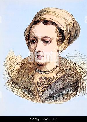 Lady Jane Grey alias Lady Jane Dudley, 1537 bis 1554 Titularkönigin von England für neun Tage im Jahr 1553. Hingerichtet von Mary Tudor. Aus il Natio Foto Stock