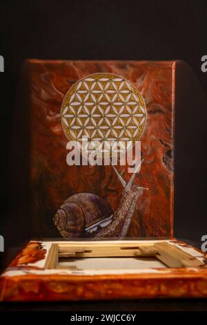 Disegno immagine con lumaca color legno sfondo scuro Foto Stock