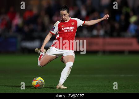 Dartford, Regno Unito. 14 febbraio 2024. Dartford, Kent, 14 febbraio 2024: Lotte Wubben-Moy (Arsenal 3) durante la partita di calcio della Continental Tyres League Cup tra London City Lionesses e Arsenal al al Princes Park di Dartford, Inghilterra. (James Whitehead/SPP) credito: SPP Sport Press Photo. /Alamy Live News Foto Stock
