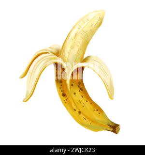 Banana gialla matura sbucciata con buccia e polpa, illustrazione isolata ad acquerello su sfondo bianco Foto Stock