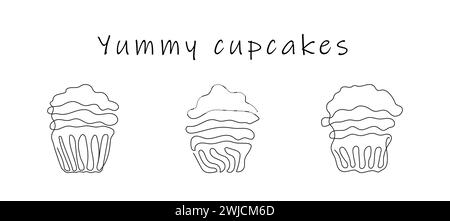 Set di cupcake in stile di disegno continuo su una linea con testo Yummy Cupcakes. Muffin dalla linea semplice con glassa ondulata. vecto bianco e nero Illustrazione Vettoriale