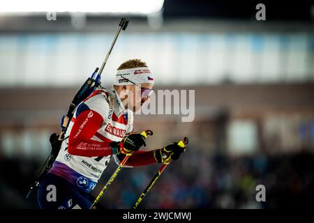 Ceco Vitezslav Hornig in azione durante la gara individuale maschile (20 km) al Campionato del mondo di Biathlon a nove Mesto na Morave, Repubblica Ceca, 14 febbraio 2024. (CTK Photo/Jaroslav Svoboda) Foto Stock