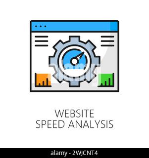 Analisi della velocità del sito Web. Icona di controllo Web della pagina Web del sito Web con rapporto di test della velocità di caricamento delle linee sottili vettoriali, ingranaggio e tachimetro. SEO, sviluppo di siti Web e ottimizzazione del business digitale Illustrazione Vettoriale
