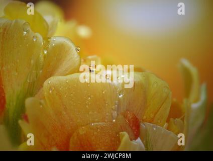 Tulipani di pappagallo (Tulipa gesneriana) con gocce d'acqua al sole, primo piano, Renania-Palatinato, Germania Foto Stock