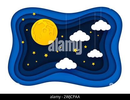 Carta tagliata cielo della luna notturna con stelle nuvole sfondo, vettore cartoni animati. I bambini vanno a letto e la carta da sogno tagliata di notte con cielo stellato e nuvole appese ai fili nella cornice per un design da vivaio per bambini Illustrazione Vettoriale