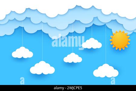 Nuvole di cielo e sole su carta ritagliano lo sfondo orizzontale, il vettore dei cartoni animati. Cielo mattutino o soleggiato con nuvole tagliate in carta appese ai fili e sole per bambini o per il design di paesaggi da vivaio Illustrazione Vettoriale
