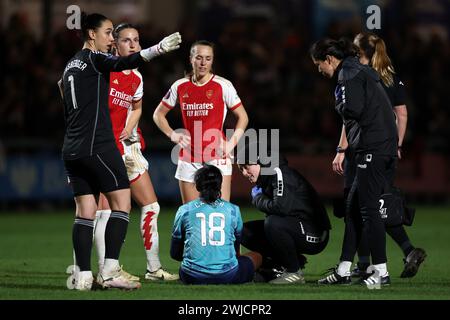 Dartford, Regno Unito. 14 febbraio 2024. Dartford, Kent, 14 febbraio 2024: Danielle Carter (18 London City Lionesses) riceve un trattamento durante la partita di calcio della Continental Tyres League Cup tra London City Lionesses e Arsenal al al Princes Park di Dartford, Inghilterra. (James Whitehead/SPP) credito: SPP Sport Press Photo. /Alamy Live News Foto Stock