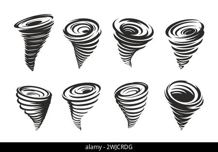 Vortice tornado o ciclone e vortice uragano con imbuto d'aria, icona vettoriale. Tornado tempesta o uragano vortice di vento e tifone, ciclone a spirale cartoni animati con idromassaggio di polvere di fumo Illustrazione Vettoriale