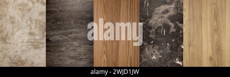 Combinazione di pietra e legno. Il concetto di interno di pietra e materiali simili al legno. Campioni di legno testurizzato. Foto Stock