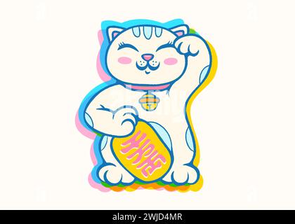 Poster Vector retro con gatto fortunato in stile glitch. Neko Maneki. Gatto fortunato vettoriale kawaii. Illustrazione Vettoriale