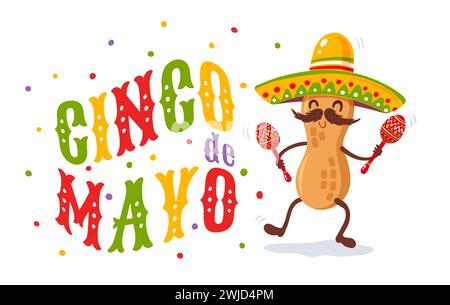 Poster vettoriale per Cinco de mayo con arachidi con sombrero messicano e maracas. Festa Cinco de mayo. Illustrazione vettoriale di arachidi in sombrero per ci Illustrazione Vettoriale