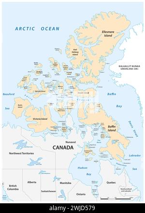 Mappa vettoriale dettagliata dell'arcipelago artico canadese Foto Stock