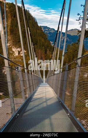 Vista geometrica dell'estate alpina presso il famoso ponte sospeso Highline 179 e le rovine del castello di Ehrenberg vicino a Reutte, Tirolo, Austria Highline179 AX 01 Foto Stock