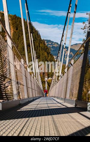 Vista geometrica dell'estate alpina presso il famoso ponte sospeso Highline 179 e le rovine del castello di Ehrenberg vicino a Reutte, Tirolo, Austria Highline179 AX 08 Foto Stock